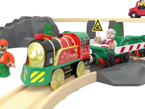 Miniatura 8 de Juego de tren eléctrico para pistas de madera, juguete de trenes a batería con luces y sonidos para niños pequeños, tren motorizado para niños