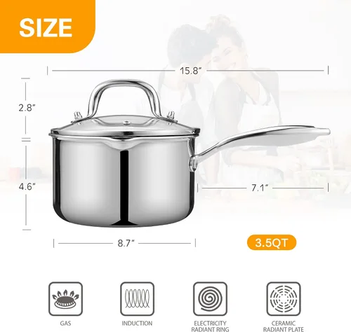 Miniatura 4 de Cyrosa Cacerola de 2.0 cuartos de galón con tapa, olla de acero inoxidable con tapa de colador, dos boquillas laterales para verter fácilmente