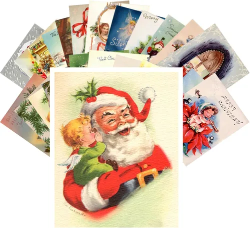 PIXILUV Paquete de Tarjetas Postales 24 piezas - Tarjetas de Felicitación Vintage de Navidad con Santa - Reedición