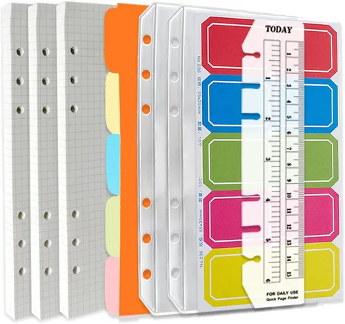Miniatura 9 de DY.2ten Juego de cuadernos recargables, paquete de 3 papeles de repuesto forrados, bolsillos transparentes con cremallera, divisores, pestañas