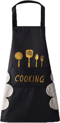 Delantal de cocina para mujer con bolsillos para limpiar las manos, bolsillo grande, limpieza a mano, impermeable para cocinar y hornear, color negro