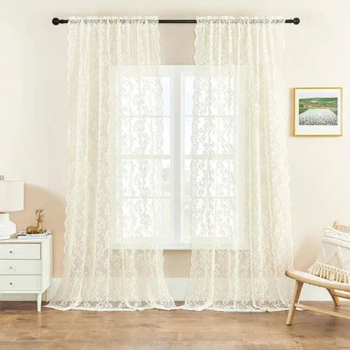 Miniatura 29 de Cortinas de encaje transparentes FOLKSIDE de 72 pulgadas de largo, juego de 2 cortinas florales victorianas de paisley para sala de estar, recámara