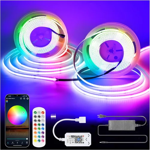 Tira de Luz LED RGB COB 32.FT/10M (2 Rollos de 16.4FT/5M), Tira LED COB Ancho 10mm/5760 LEDs, Tira de Luz LED Cambiante de Color 24V con Control
