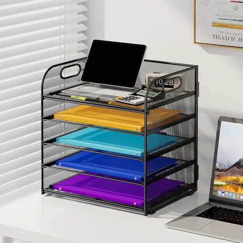 Miniatura 5 de Cawukege Organizador de papel de 5 niveles con asa, organizador de escritorio de malla de metal negro, carpeta de archivos, bandeja de cartas