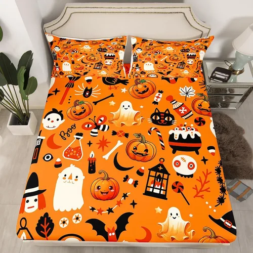 Miniatura 2 de Erosebridal Sábanas de Halloween para niños y niñas, juego de sábanas espeluznantes de dibujos animados, tamaño individual, juego de ropa de cama