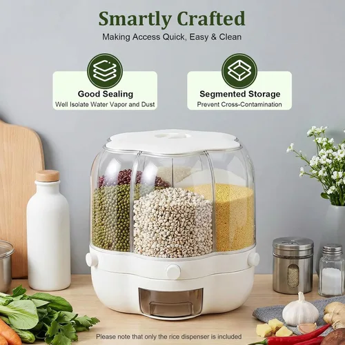 Miniatura 6 de Dispensador de arroz, dispensador de cereales giratorio de 6 rejillas de 360° con tapa, organizador de almacenamiento de granos, soporte