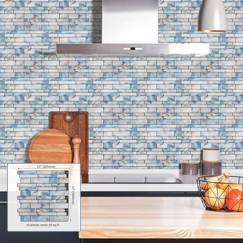 Miniatura 2 de Azulejos autoadhesivos extraíbles de 10 hojas para despegar y pegar, piedra de mármol azul, para cocina y baño, 12 x 12 pulgadas