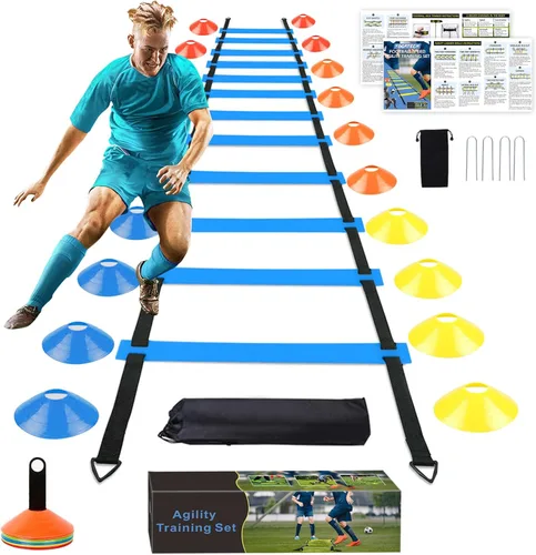Miniatura 10 de Juego de entrenamiento de velocidad y agilidad para fútbol - Escalera de agilidad de 20 pies, 12/16 conos deportivos y entrenador de patada de Azul