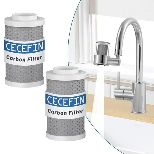 2 cartuchos de filtro de agua de fibra de carbono: el purificador de carbono reduce el 99% de cloro, dura 528 galones de agua del grifo, cartucho