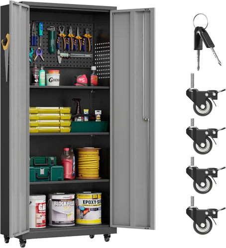 Miniatura 18 de Armario de Almacenamiento de Metal para Garaje con Ruedas, Armario para Escobas con Cerradura con Estantes Ajustables, Gabinete de Herramientas