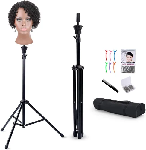 Klvied Soporte reforzado para peluca, trípode para maniquí, soporte ajustable para la cabeza, para prácticas de cosmetología y peluquería con tapas,