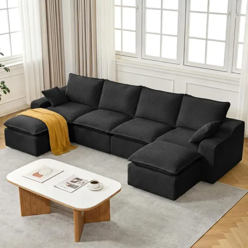 Miniatura 13 de Sofá modular sin hueso de 107 pulgadas con otomana, sofá modular de pana con asiento profundo tapizado, moderno sofá modular con tumbonas
