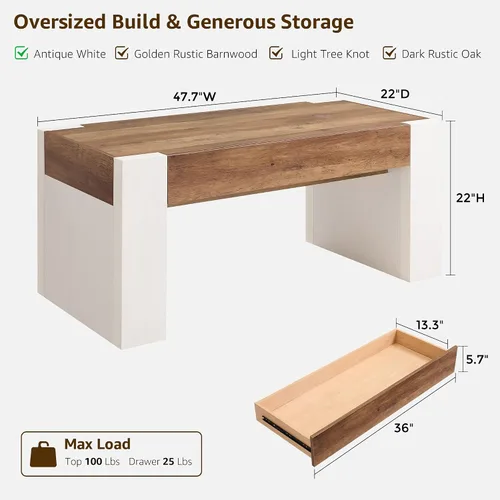 Miniatura 2 de OKD Mesa de café de 48" moderna estilo casa de campo, mesa de madera para sala de estar con cajón de almacenamiento oculto, mesas centrales