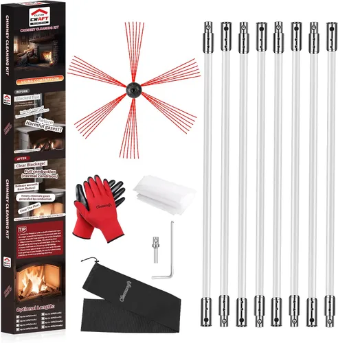 Miniatura 11 de Kit de limpieza de chimenea de 16 pies, kit de limpieza de chimenea con 5 varillas de chimenea flexibles, sistema de limpieza de chimenea giratorio