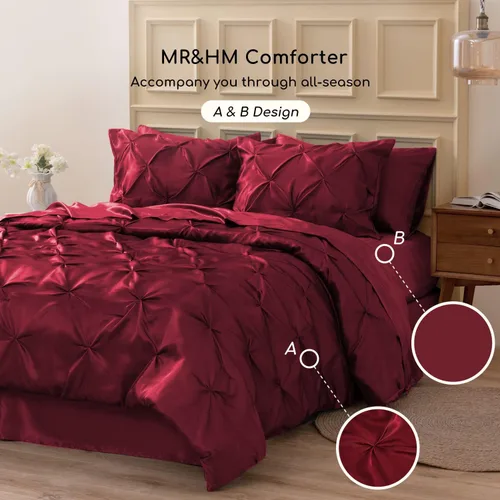 Miniatura 7 de MR&HM Edredón de satén California King de 7 piezas, color burdeos, lujoso juego de ropa de cama plisado con edredón, sábana encimera, sábana bajera