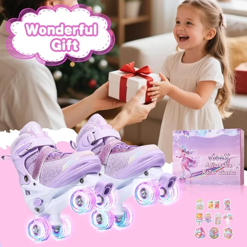 Miniatura 6 de Patines de ruedas para niñas, niños y principiantes, 4 tamaños ajustables con ruedas que se iluminan, patines morados y rosados divertidos e
