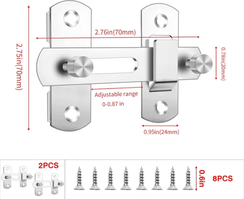 Miniatura 2 de Paquete de 2 pestillos para puerta de granero, 2.76 x 1.97 pulgadas, de acero inoxidable, acabado cepillado, pestillo de puerta corrediza sólida