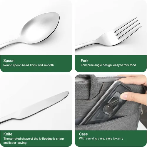 Miniatura 7 de Utensilios de viaje con estuche, juego de 4 cuchillos de acero inoxidable, cucharas y tenedores, juego de cubiertos reutilizables para camping