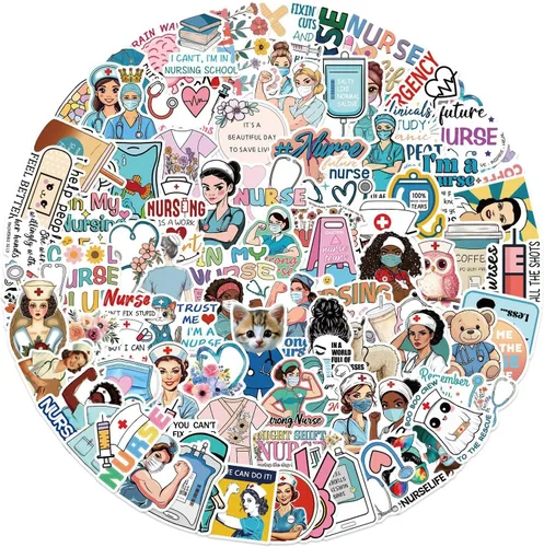 Miniatura 7 de Divertidas calcomanías para enfermeras para niñas, enfermeras adultas, 100 unidades, lindas calcomanías estéticas de enfermería impermeables
