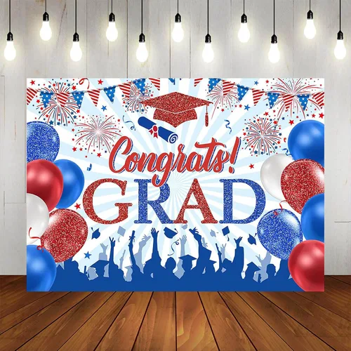 Miniatura 5 de Telón de fondo rojo y azul con texto en inglés "Congrats Grad" de 7 x 5 pies para graduación de graduación de 2026, decoración de fiesta