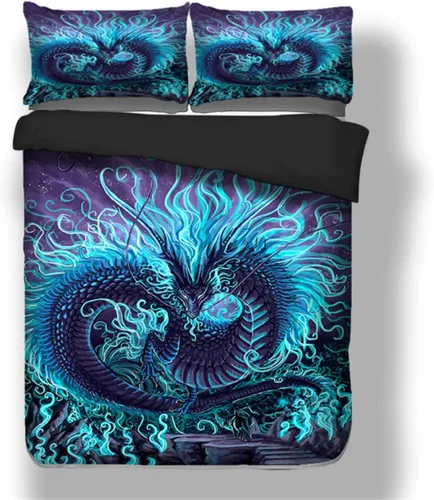 Juego de ropa de cama de dragón azul 3D, juego de funda de edredón con fundas de almohada, sábanas de cama individual y king (individual de EE. UU.)