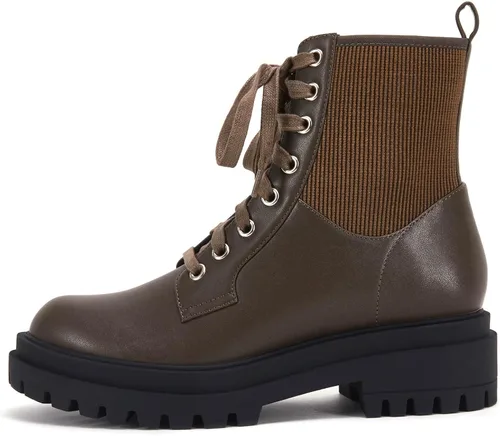 Miniatura 4 de VETASTE Botas de tobillo con cordones para mujer, puntera redonda, tacón bajo y grueso, botines de combate de invierno