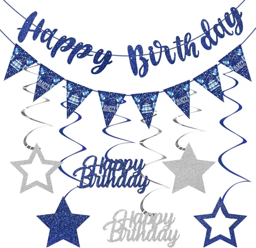 Miniatura 7 de Decoración de cumpleaños número 18 azul y plateado para niños y niñas, pancarta de feliz cumpleaños 18 con estrellas de dieciocho años de edad