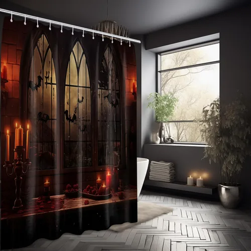 Miniatura 9 de Cortina de ducha de Halloween, diseño de mansión embrujada gótica espeluznante, juego de cortinas de baño de castillo de murciélago gótico Embrujado
