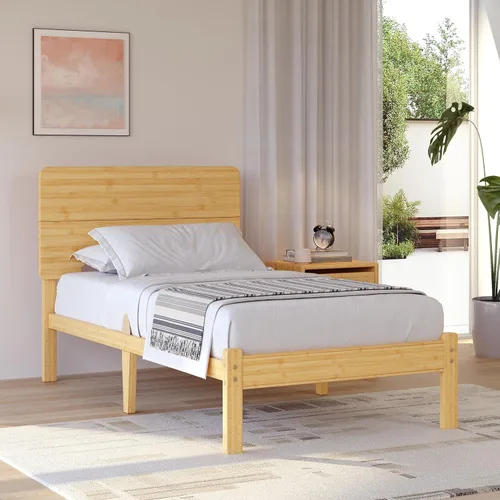 Miniatura 12 de Marco de cama individual de madera de bambú maciza de 14 pulgadas de alto con cabecero, soporte de listones de metal resistente, fácil montaje,