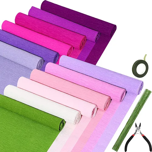 Miniatura 10 de Leinuosen Juego de 65 piezas de papel crepé de flores para bricolaje, 12 rollos de 10 x 98 pulgadas, 100 hilos de hierro floral, 1 cortador