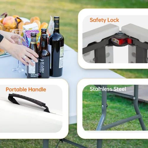 Miniatura 7 de Mesa plegable, mesa de camping de plástico de 8 pies, mesa de fiesta portátil con asa de transporte para fiestas, bodas, barbacoa, camping, comedor