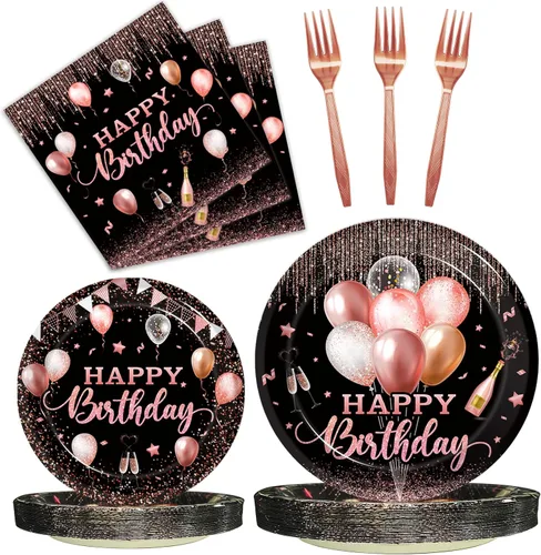 Kepeel 96 piezas de platos y servilletas de oro rosa para fiesta de cumpleaños para mujeres, suministros de fiesta de papel rosa con purpurina,