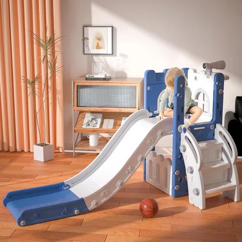 Miniatura 4 de MOCUTEEN Tobogán 6 en 1 para niños pequeños, juego de bebé para interiores y exteriores con aro de baloncesto, almacenamiento y telescopio, juguetes