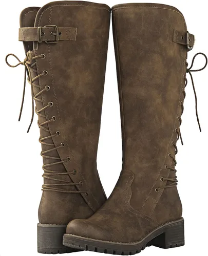 Miniatura 2 de GLOBALWIN - Botas de combate de equitación altas con cordones para mujer, cómodas botas góticas de motocicleta para mujer con cremallera y tacón