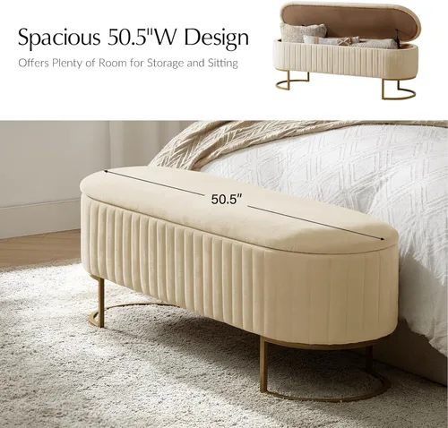 Miniatura 5 de EcoHarbor Living Banco de almacenamiento de 50.5" para pasillo, otomano tapizado con extremo de cama de terciopelo con patas doradas, reposapiés