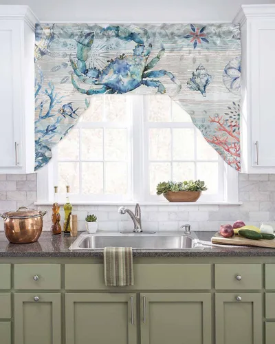 Miniatura 2 de Cortinas de cocina con cenefa de cangrejo oceánico, cenefa con bolsillo para barra, paneles de cortina para dormitorio, sala de estar, baño