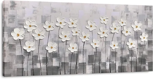 Miniatura 19 de Yihui Arts Pintura al óleo pintada a mano con flores texturizadas sobre lienzo, arte de pared floral blanco abstracto colorido para sala de estar
