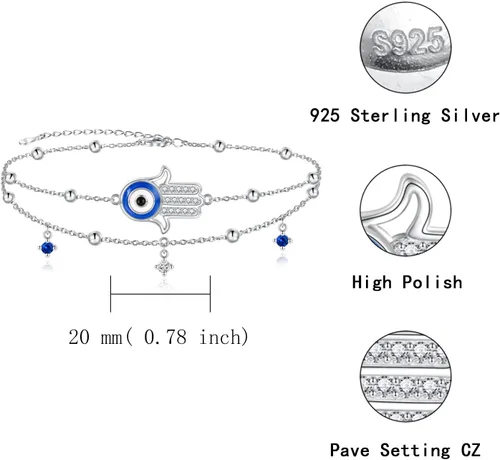 Miniatura 6 de Tobillera de plata de ley 925 ajustable de doble capa de ojo de diablo azul, protección espiritual, pulsera de tobillo de mano de Fátima