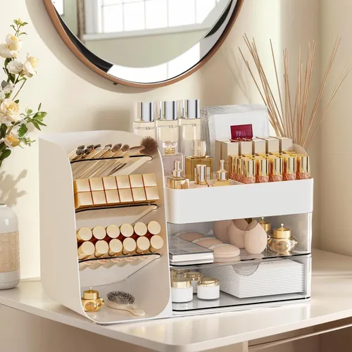 Miniatura 3 de Organizador de Maquillaje con 2 Cajones M y Portacepillos - Estuche de Almacenamiento de Cosméticos para Tocador, Encimera de Baño y Escritorio
