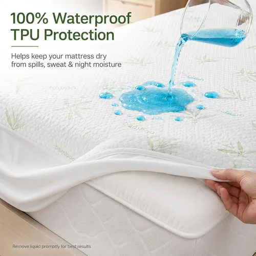 Miniatura 3 de Protector de colchón de viscosa de bambú impermeable, suave, silencioso y transpirable, bolsillo profundo de hasta 18 pulgadas, lavable a máquina