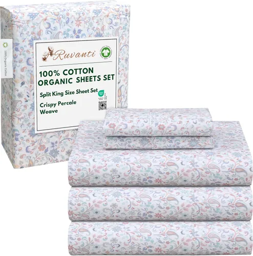 Miniatura 198 de RUVANTI Juego de sábanas de algodón orgánico 100% tamaño completo, tejido de percal, certificado GOTS, juego de 4 piezas, bolsillo profundo de 15