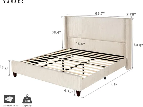Miniatura 2 de VanAcc Base de cama de plataforma tamaño Queen, cama tapizada de pana de 50.8 pulgadas con cabecera capitonada de canal vertical, listones de Crema
