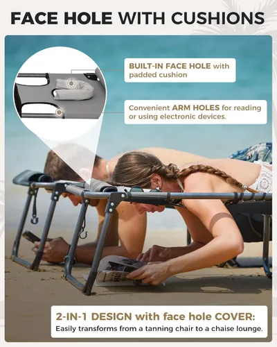 Miniatura 3 de KingCamp Silla de bronceado con agujero facial, sillas de descanso plegables para exteriores, cómodas, ajustables, de 5 posiciones, tumbona plegable