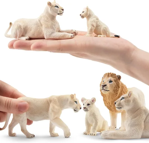 Miniatura 3 de Toymany 6 piezas de figuras de leones blancos con cachorros de león, figuras de animales de la selva de 2-5 pulgadas, conjunto familiar realista que