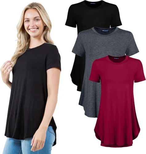 Miniatura 11 de Azules Blusa larga de manga corta para mujer, con cuello redondo y dobladillo curvado, suave y elástica