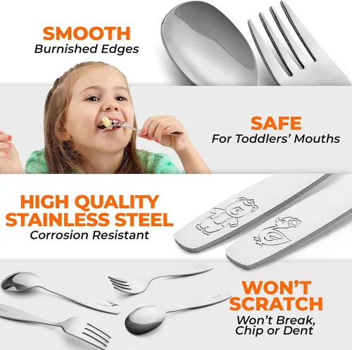 Miniatura 4 de Zulay Kitchen 4 utensilios para niños pequeños, juego de cubiertos de acero inoxidable para niños, tenedores y cucharas seguros para niños y niños