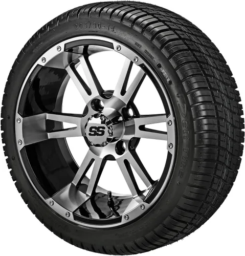RM Cart - Raptor de 14" Negro/Mecanizado en neumáticos Deli 205/30-14 (juego de 4), se adapta a carritos Yamaha, neumáticos de carrito de golf y