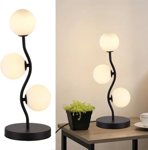 Miniatura 10 de Lámpara de mesa de globo negro de mediados de siglo industrial retro con 2 luces orbiculares de escritorio con globo de vidrio blanco para mesita
