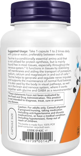 Miniatura 3 de Suplementos NOW, taurina 1,000 mg, doble fuerza, salud del sistema nervioso*, 100 cápsulas vegetales