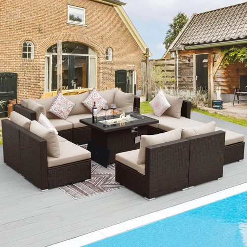 Miniatura 37 de BULEXYARD Juego de muebles de patio de respaldo alto de 7 piezas con mesa de fogata de combustible dual propano/gas natural, sofá seccional